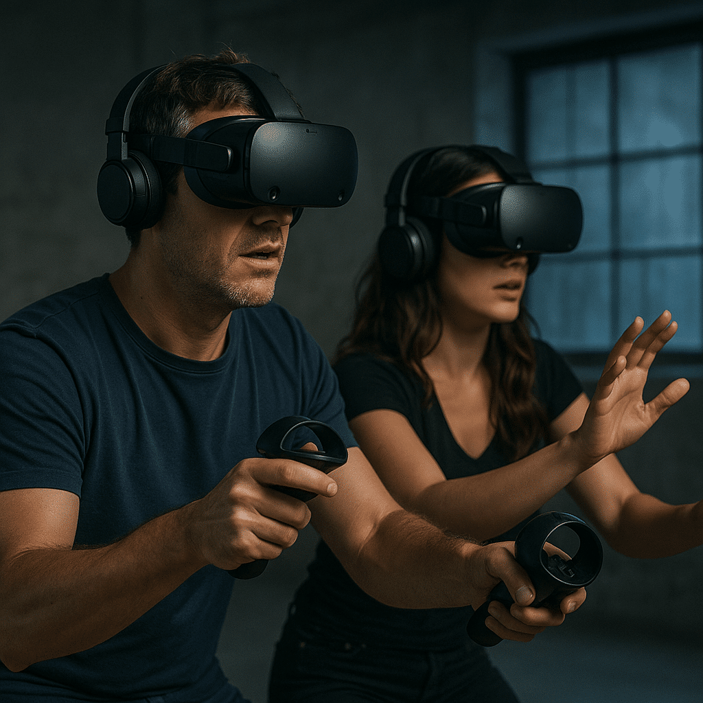 Expérience immersive en réalité virtuelle à Lyon avec joueurs équipés de casques VR chez WAKE UP