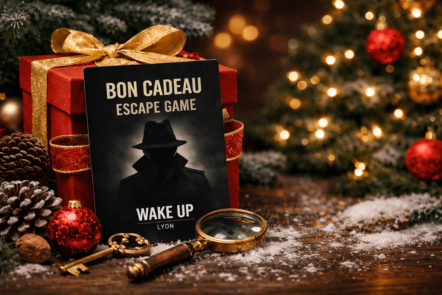 Bon cadeau escape game à Lyon présenté dans une ambiance Noël et agent secret