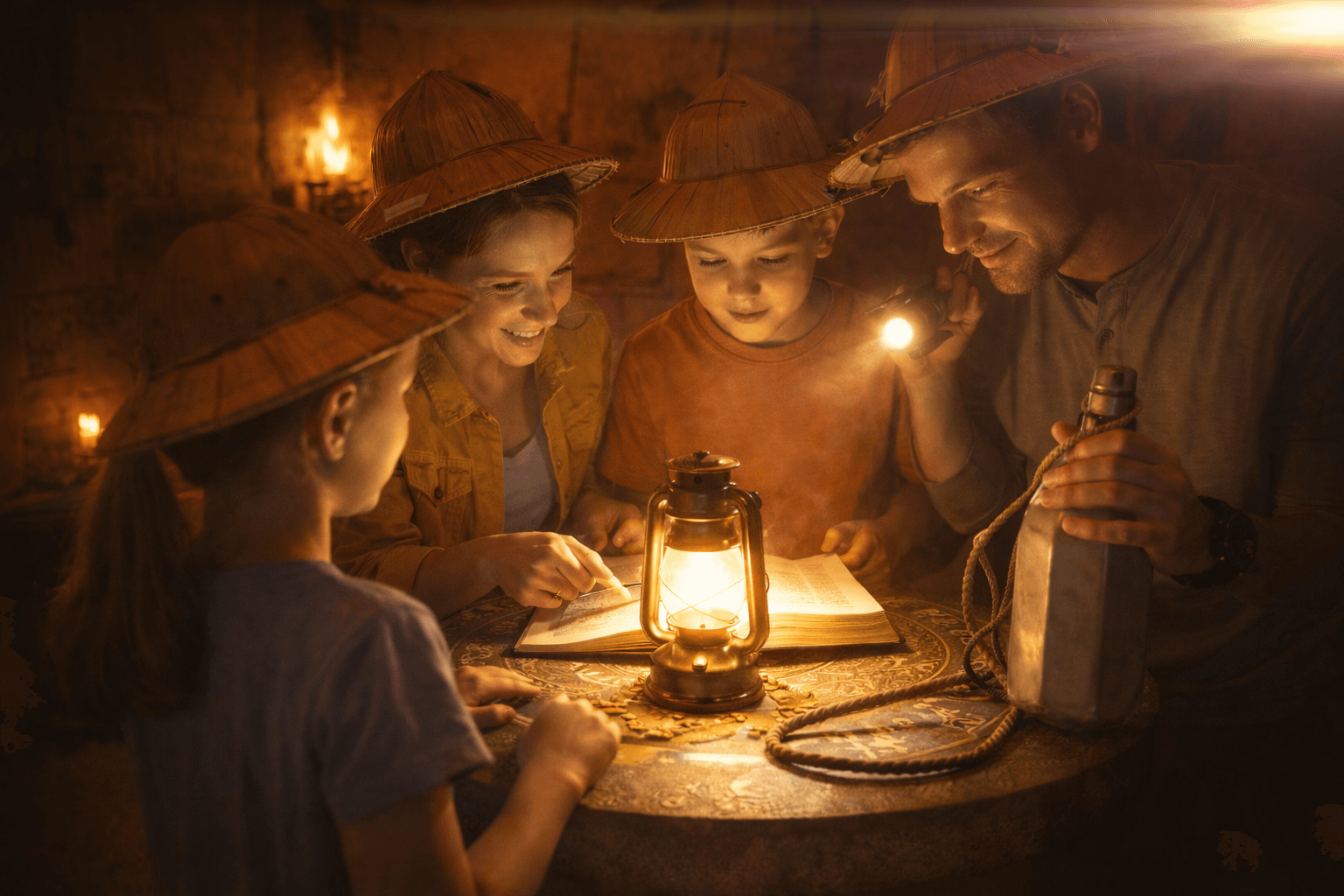 Famille jouant un escape game immersif à Lyon autour d’une énigme dans un décor inspiré d’une aventure inca