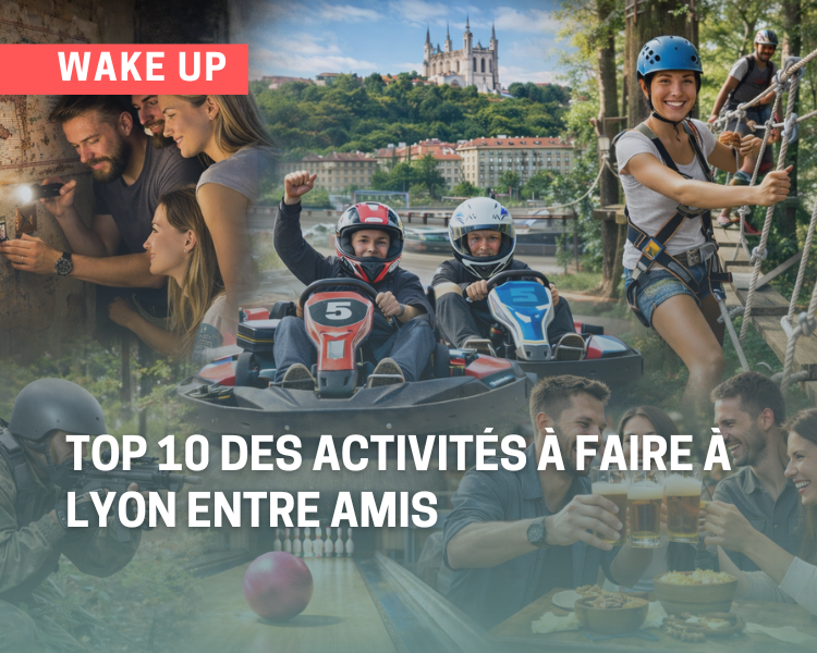 Groupe d’amis à Lyon en train de vivre différentes activités de loisirs : escape game, karting, accrobranche, paintball, bowling et sortie conviviale autour d’un verre.