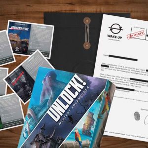 Coffre Cadeau comprenant un bon pour une mission d'escape game et un lot de 3 jeux Unlock